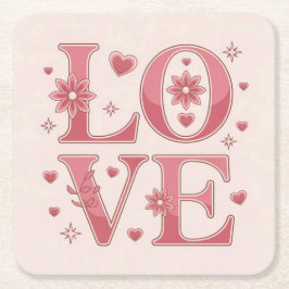 ピンクの愛の花ハートコースターセット スクエアペーパーコースター