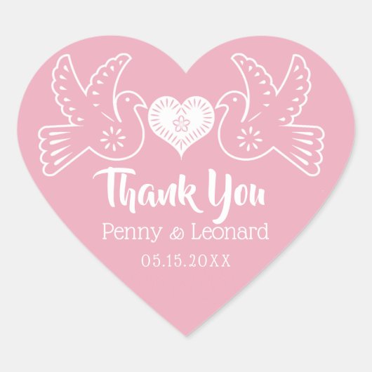 ピンクの愛の鳥サンキューメキシコ結婚式の引き出物 ハートシール (正面)