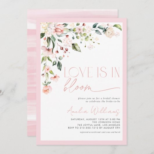 ピンクの愛は開花水の色フローラ 招待状 (正面/裏面)