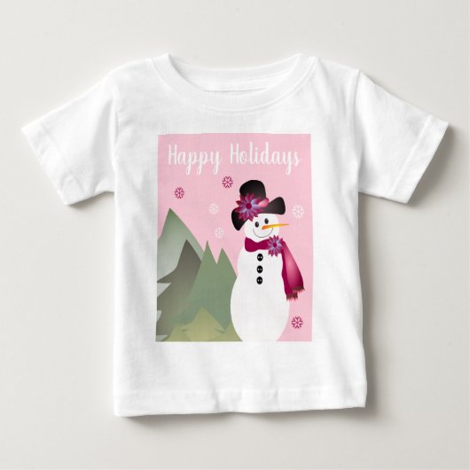 ピンクの愛らしい雪だるま ベビーTシャツ (正面)