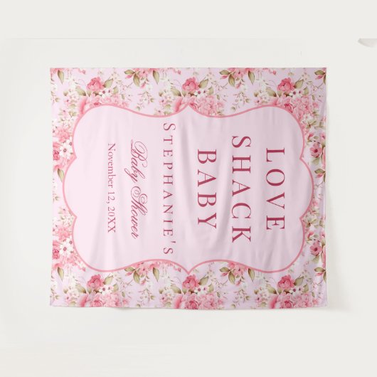 ピンクの愛シャックベビーシャワー写真ブース背景 タペストリー (正面(横))