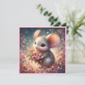 ピンクの愛ハート水色の花マウスバレンタイン シーズンカード (スタンド正面)