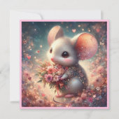 ピンクの愛ハート水色の花マウスバレンタイン シーズンカード (正面)