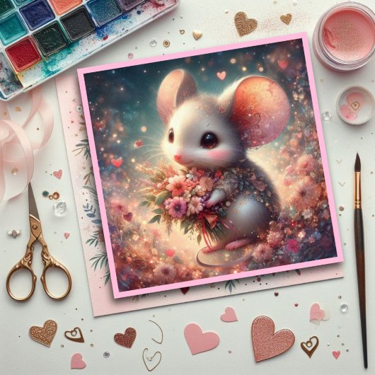 ピンクの愛ハート水色の花マウスバレンタイン シーズンカード