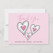ピンクの愛ハート鉢植え女の子ベビーシャワー サンキューカード (正面)