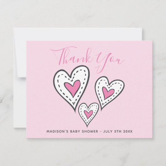 ピンクの愛ハート鉢植え女の子ベビーシャワー サンキューカード (正面)