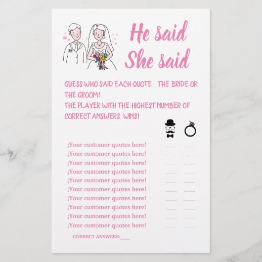 ピンクの愛彼は彼女はシャワーゲームカードを言った チラシ (正面)