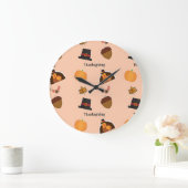 ピンクの感謝模様 ラージ壁時計 (ホーム)