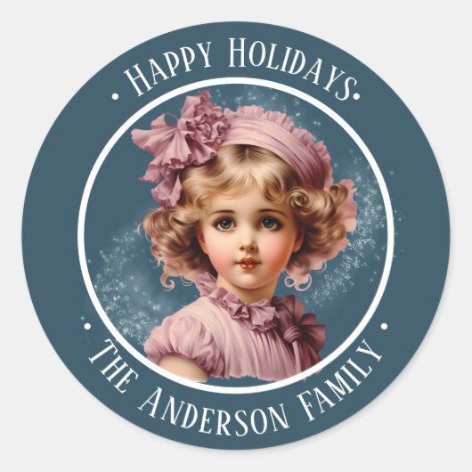 ピンクの懐かしいヴィンテージの女の子のカスタム文字シール ラウンドシール (正面)
