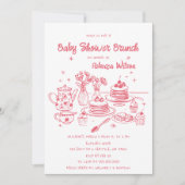 ピンクの手お洒落引き女の子の赤ちゃんシャワーブランチ 招待状 (正面)