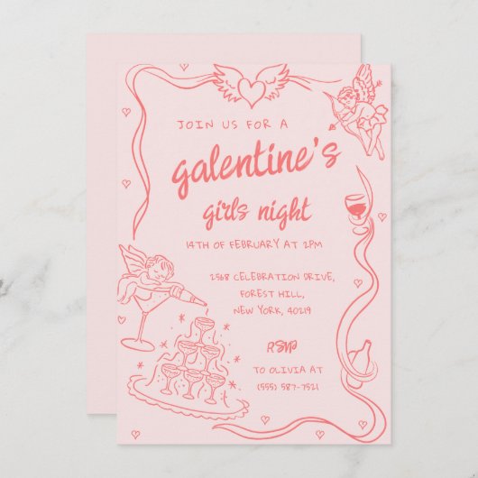 ピンクの手で描かれたガレンティーズガールズナイトパーティー 招待状 (正面/裏面)