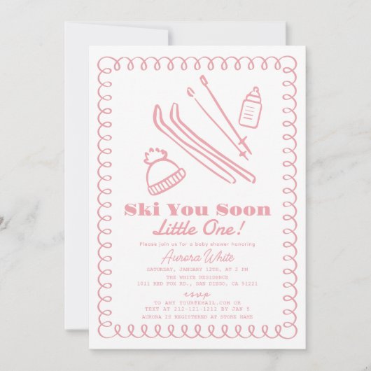 ピンクの手で描かれたスキーガールベビーシャワー 招待状 (正面)