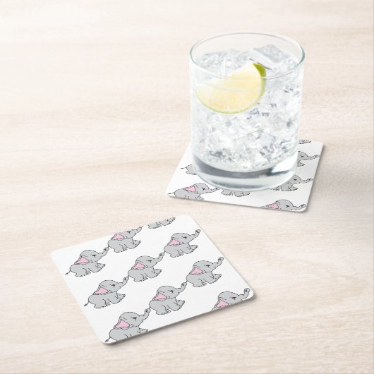 ピンクの手で描かれた象のパターン象の漫画 スクエアペーパーコースター (インサイチュ)