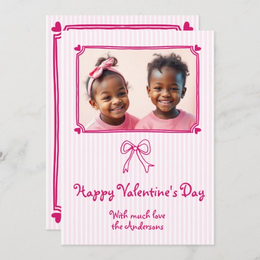 ピンクの手を引いた弓バレンタインデーの写真ホリデー シーズンカード (正面/裏面)