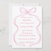 ピンクの手エレガント引きコケット弓ベビーシャワー 招待状 (正面)