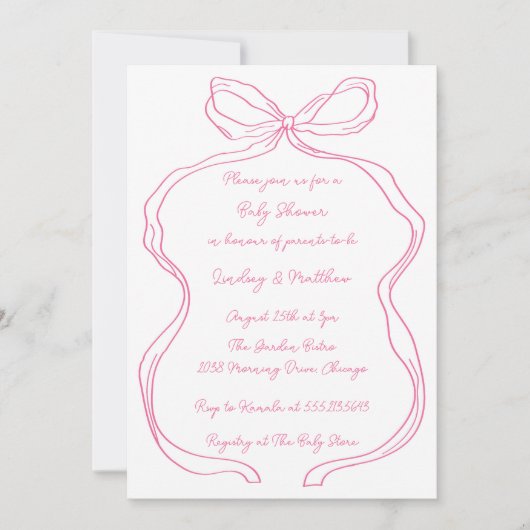 ピンクの手エレガント引きコケット弓ベビーシャワー 招待状 (正面)