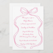 ピンクの手エレガント引きコケット弓ベビーシャワー 招待状 (正面/裏面)