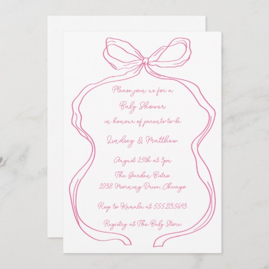 ピンクの手エレガント引きコケット弓ベビーシャワー 招待状 (正面/裏面)