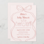 ピンクの手予測できな引き波弓ガール赤ちゃんシャワー 招待状 (正面/裏面)
