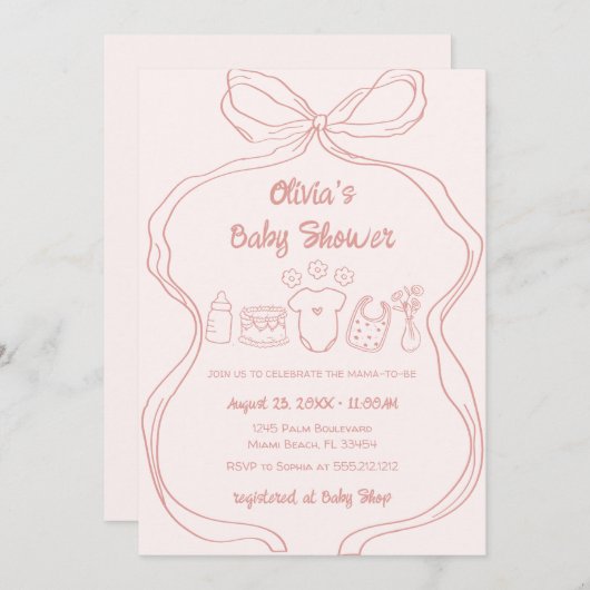 ピンクの手予測できな引き波弓ガール赤ちゃんシャワー 招待状 (正面/裏面)
