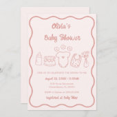 ピンクの手予測できな引き波状フレーム女の子ベビーシャワー 招待状 (正面/裏面)