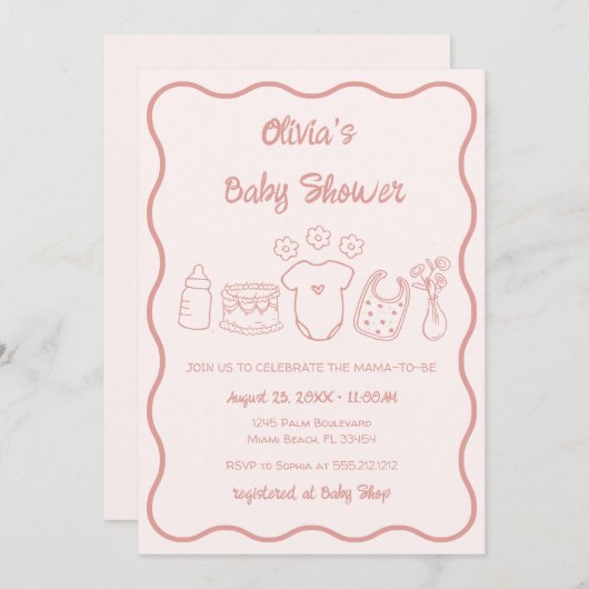 ピンクの手予測できな引き波状フレーム女の子ベビーシャワー 招待状 (正面/裏面)