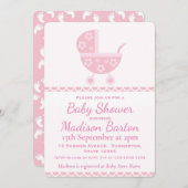 ピンクの手押車のかわいい女の子のベビーシャワー 招待状 (正面/裏面)