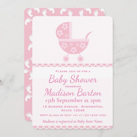 ピンクの手押車のかわいい女の子のベビーシャワー 招待状 (正面/裏面)
