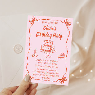 ピンクの手描きケーキとリボンのボーダー 誕生日 招待状