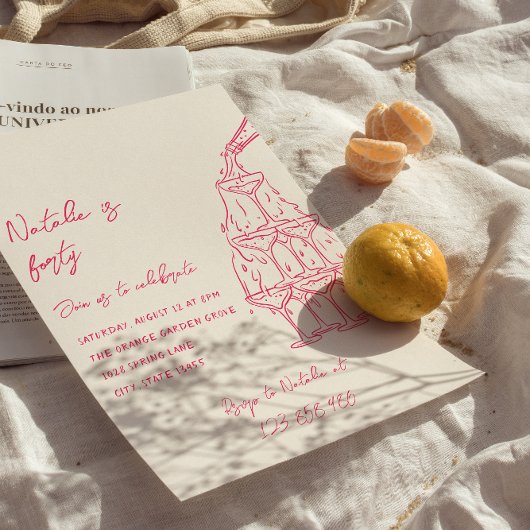 ピンクの手描きシャンパンタワー40歳の誕生日 招待状