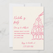 ピンクの手描きシャンパンタワー40歳の誕生日 招待状 (正面)