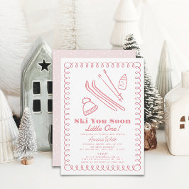 ピンクの手描きスキーガールのベビーシャワー 招待状