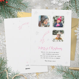 ピンクの手描きスター家族3人写真クリスマスカード シーズンカード