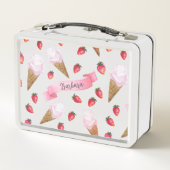 ピンクの手描きストロベリーアイスクリームお洒落 メタルランチボックス (裏面)