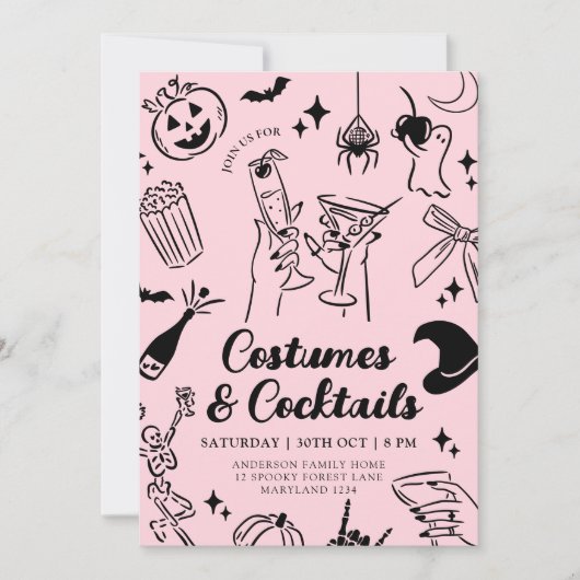 ピンクの手描きハロウィーンの衣装パーティの招待状 招待状 (正面)