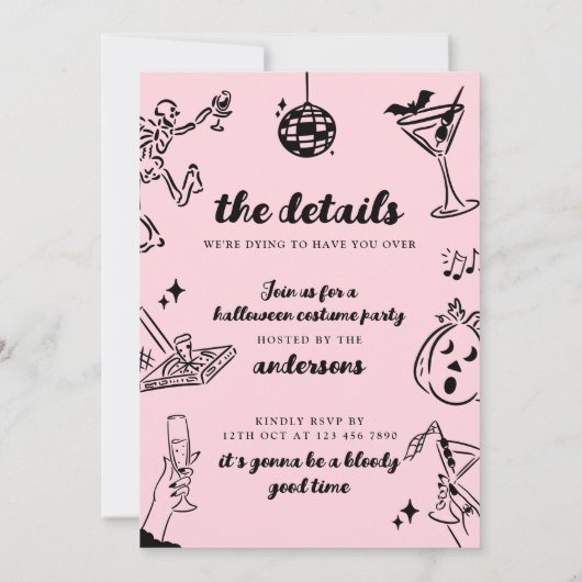 ピンクの手描きハロウィーンの衣装パーティの招待状 招待状 (裏面)