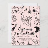 ピンクの手描きハロウィーンの衣装パーティの招待状 招待状 (正面)