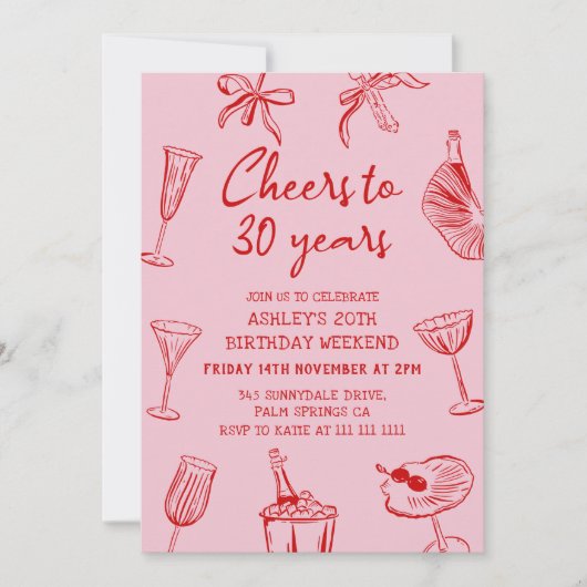 ピンクの手描きファンキーな30歳の誕生日パーティー 招待状 (正面)