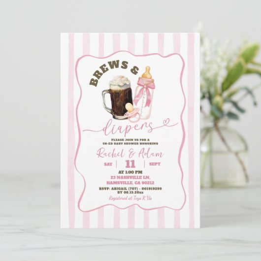 ピンクの手描きブリー&おむつ女の子ベビーシャワー 招待状 (スタンド正面)