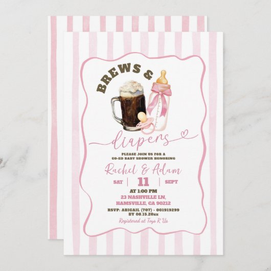 ピンクの手描きブリー&おむつ女の子ベビーシャワー 招待状 (正面/裏面)
