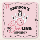 ピンクの手描きボウリングの弓 女子の誕生日パーティー スクエアペーパーコースター (正面)