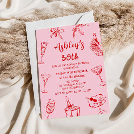 ピンクの手描きポップな30歳誕生日パーティー 招待状
