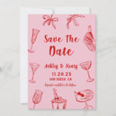 ピンクの手描きユニークな結婚式のSave The Date 招待状 (正面)