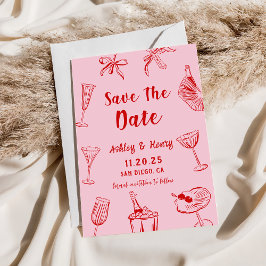 ピンクの手描きユニークな結婚式のSave The Date 招待状