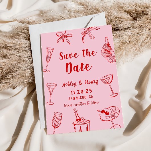 ピンクの手描きユニークな結婚式のSave The Date 招待状