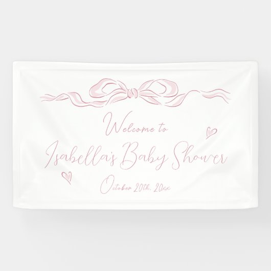 ピンクの手描きリボン おしゃれなベイビーシャワーのお出迎え 横断幕 (横)
