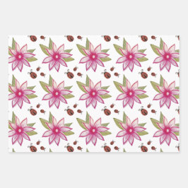 ピンクの手描き春フラワーラディバグ ラッピングペーパーシート