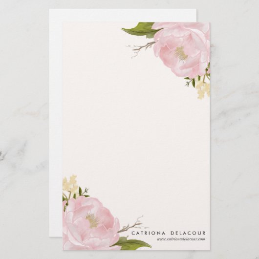 ピンクの手描き水彩牡丹文房具 便箋 (正面/裏面)