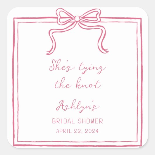 ピンクの手描き結びシールを結ぶ スクエアシール (正面)