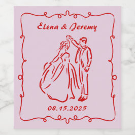 ピンクの手描き結婚式ワインボトルラベル ワインラベル